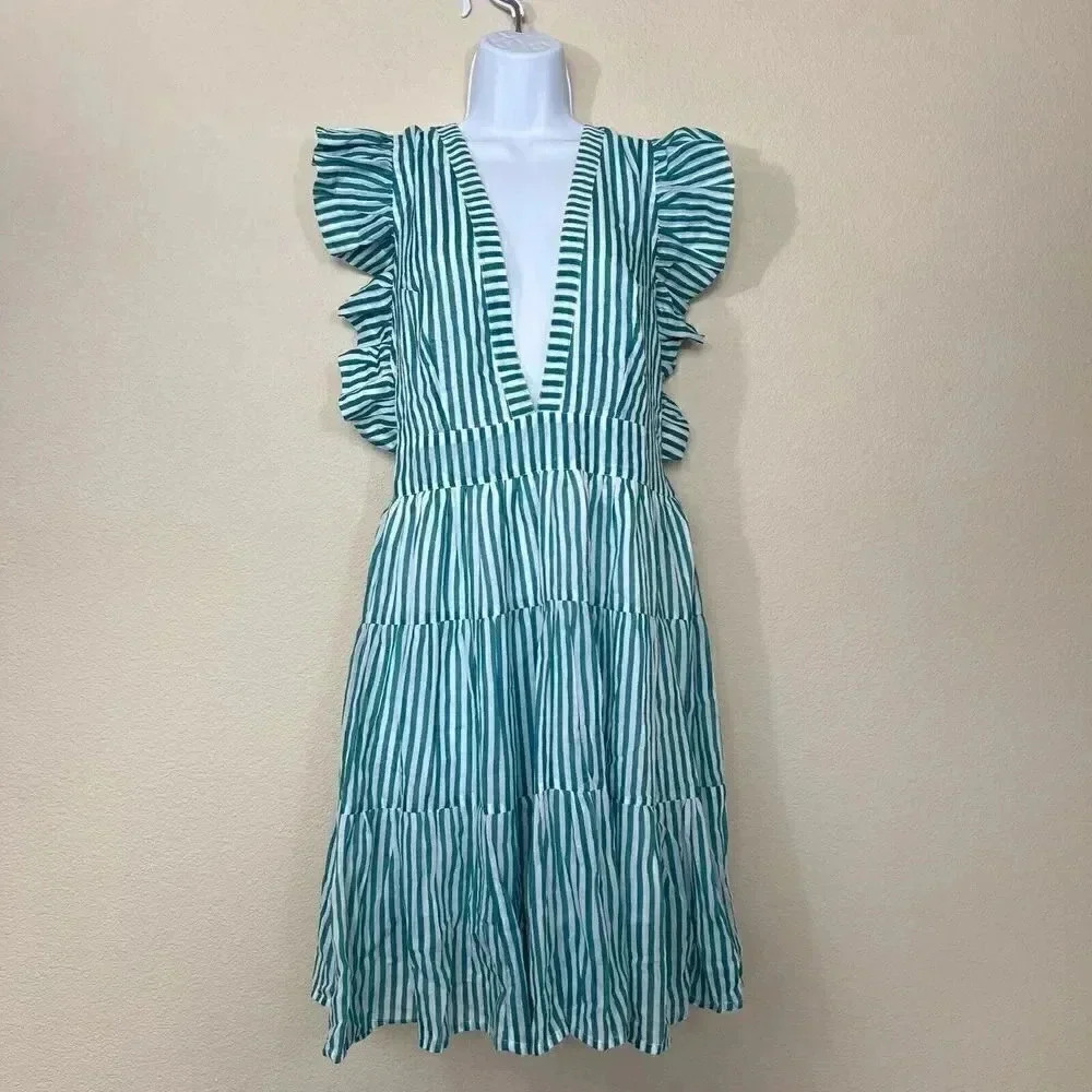 Oliphant Cross Back Mini Playa Green Dress Womens Size M Sleeveless Striped NWT - Picture 2 of 16